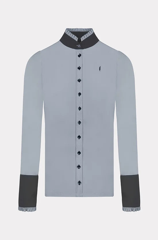 Long Sleeve Button Ruffle Shirt in Grey with Anthracite Details