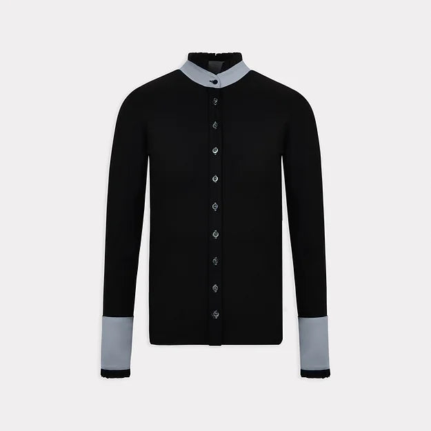 Long Sleeve Button Ruffle Shirt in Black with Grey Details
