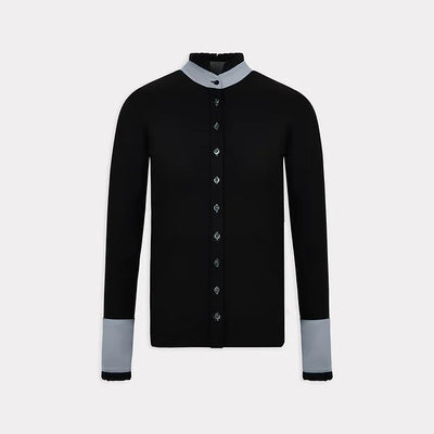 Long Sleeve Button Ruffle Shirt in Black with Grey Details