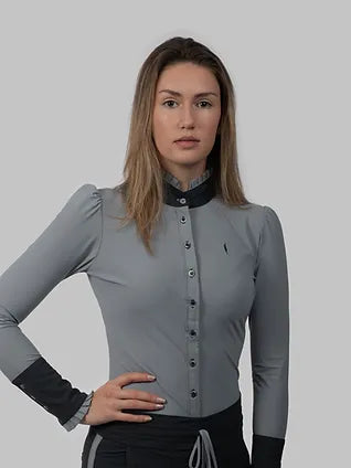 Long Sleeve Button Ruffle Shirt in Grey with Anthracite Details